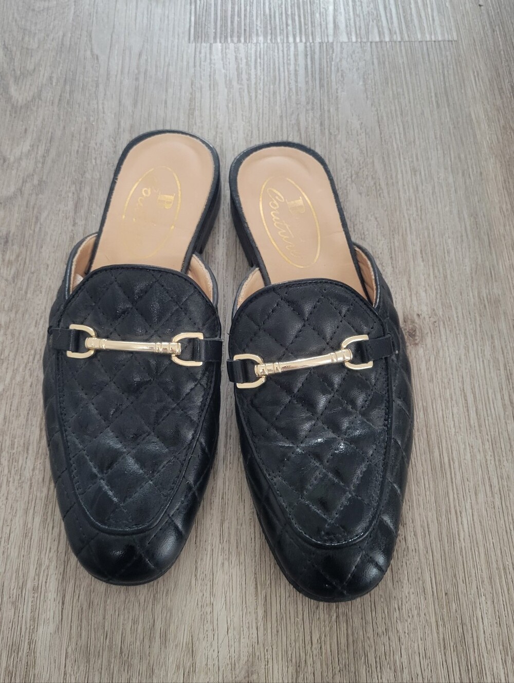 Browns Coutour Quilted Black Leather Backless Loafers with Gold Bit Detail